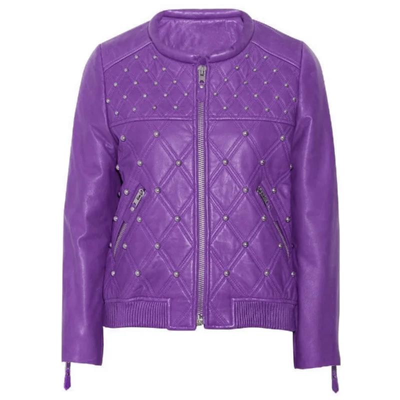 men's jean jackets -Customized Women Genuine Leather Purple Jacket