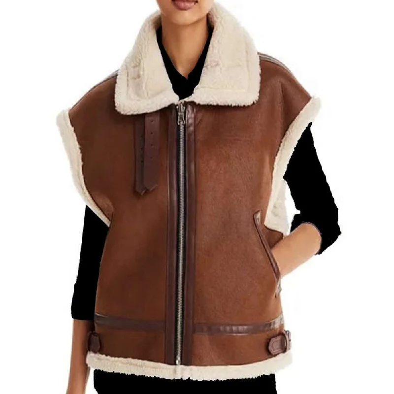 cotton vest jackets for men -Dark Brown Aviator Bomber Shearling Leather Vest Women