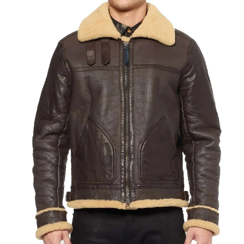 men's wool jackets -Dark Brown B3 shearling Bomber Leather jacket Men's