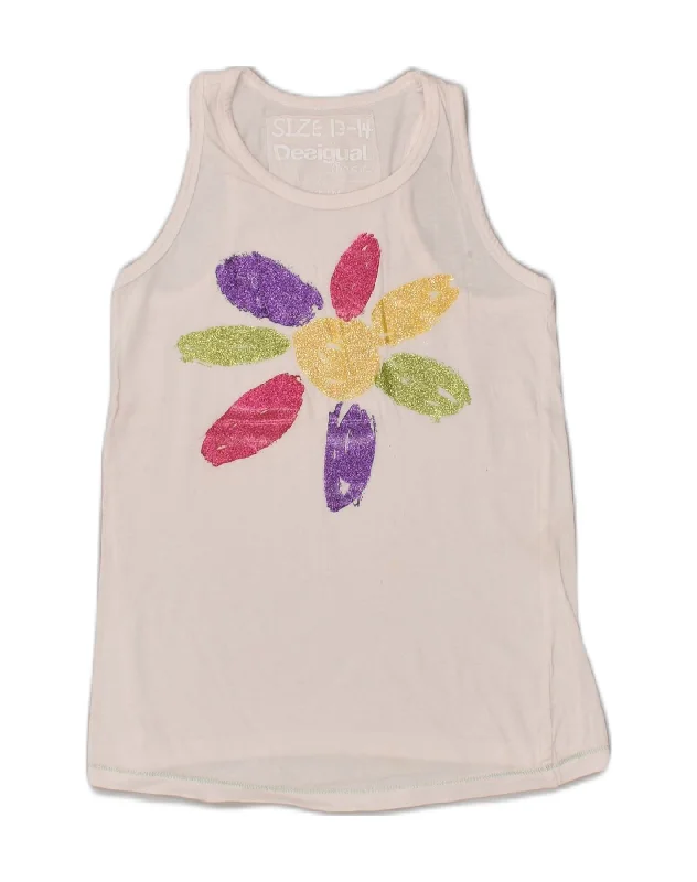 casual waistcoats for layering -DESIGUAL Girls Graphic Vest Top 13-14 Years White Floral