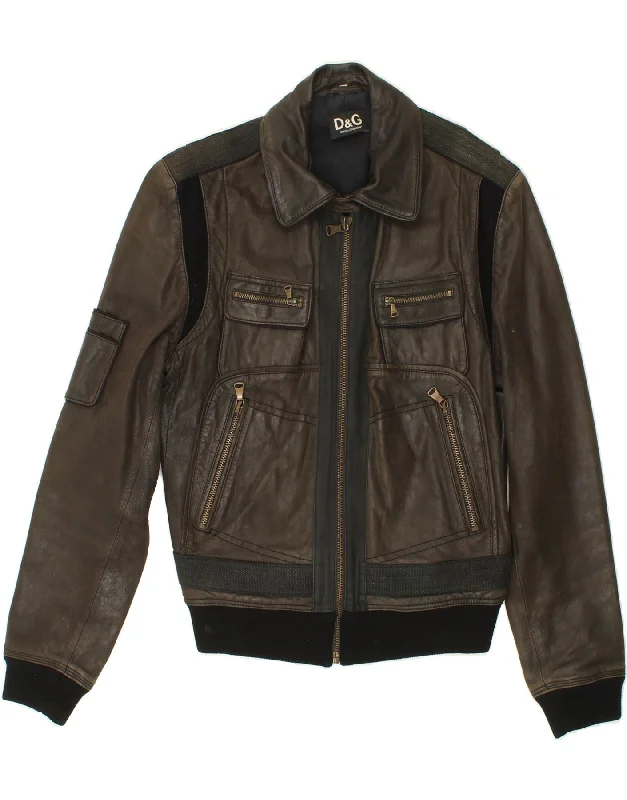 men's parkas for winter -DOLCE & GABBANA Mens Bomber Jacket IT 50 Large Brown Colourblock Leather