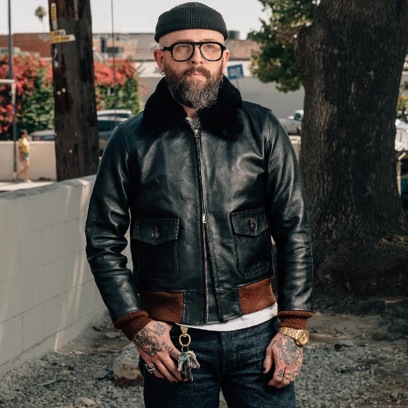 men's rain jackets -Double Helix x Snake Oil Provisions "Virgil" G-1 Flight Jacket Black Teacore