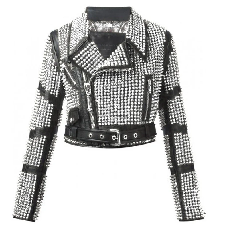 men's rugged jackets -Women Studded Leather Punk Rock Jacket