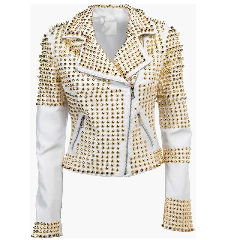 men's sport jackets -Golden Studded Leather White Jacket