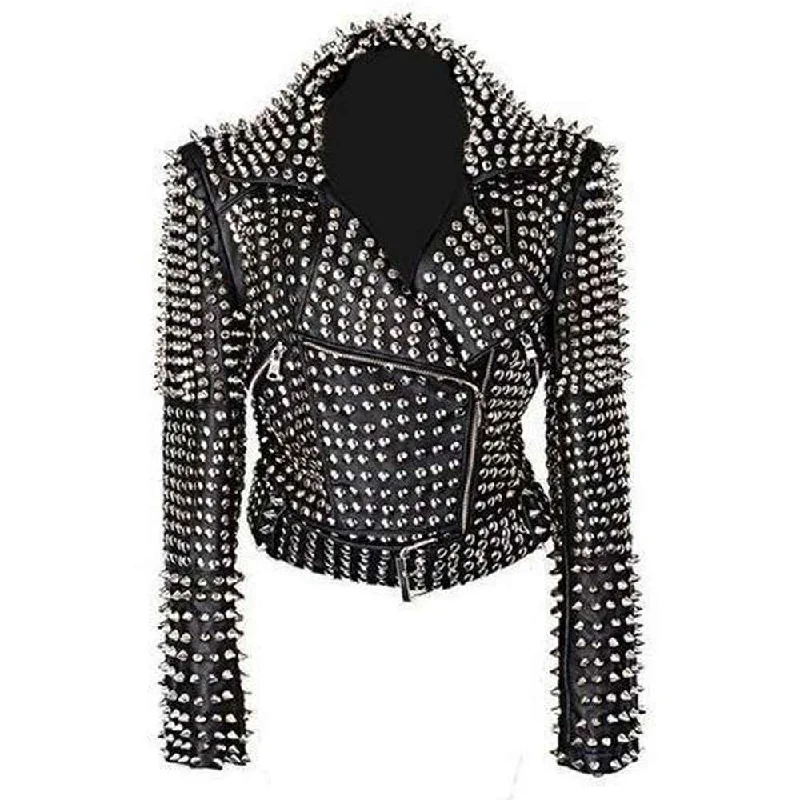 men's zip-up jackets -Spiked Heavy Metal Studded Punk Leather Jacket