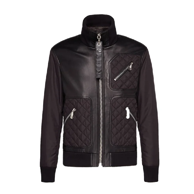 men's fleece-lined zip-up jackets -High Neck Bomber Mens Leather Jacket