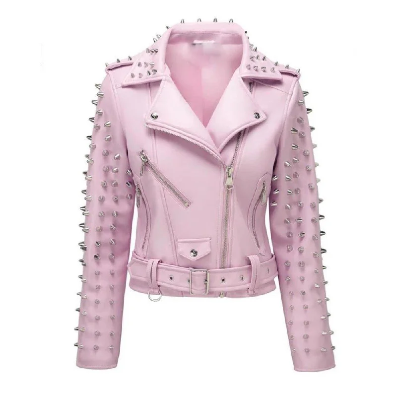 men's rugged jackets -Hot Pink Studs Leather Jacket