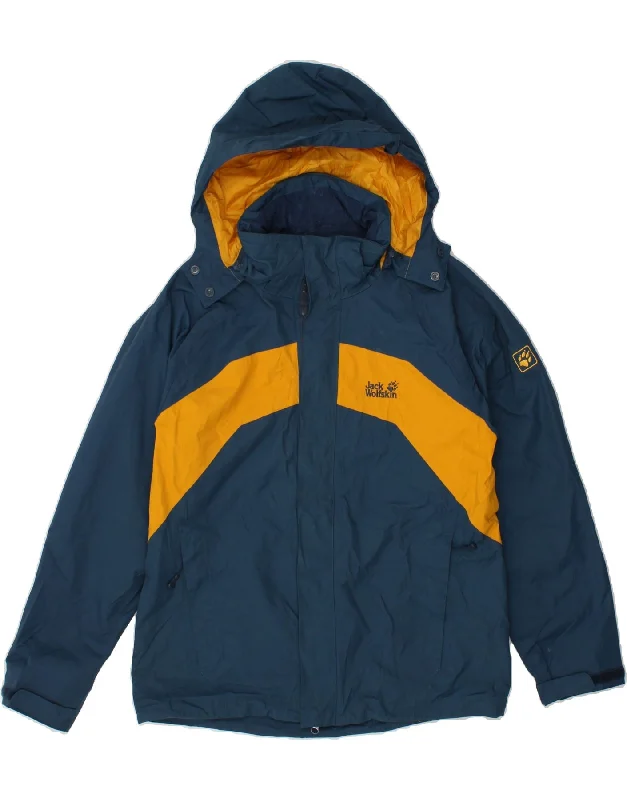 men's performance winter jackets -JACK WOLFSKIN Mens Hooded Rain Jacket  UK 34 XS Navy Blue Colourblock