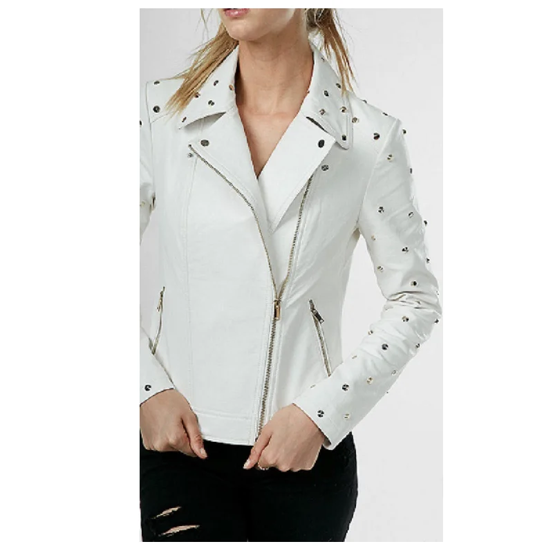 men's wool coat jackets -Ladies Gold Studded White Leather Jacket