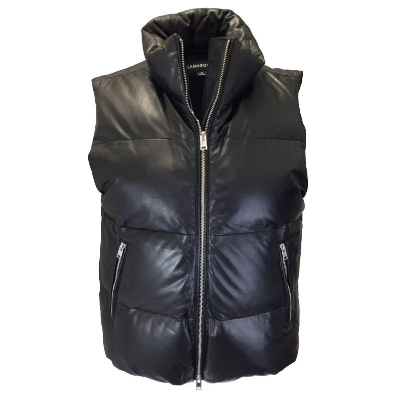 men's vest jackets for fall -LAMARQUE Hinna Black Lambskin Leather Down Puffer Vest