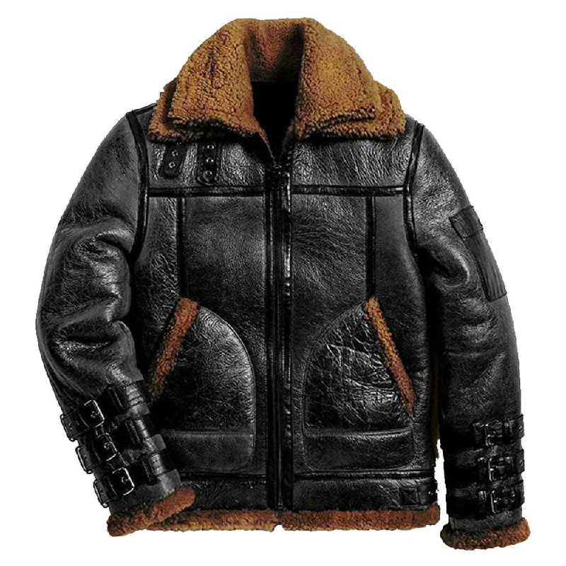 men's winter coats and jackets -Men Aviator RAF B3 Shearling Bomber Black Leather Pilot Jacket