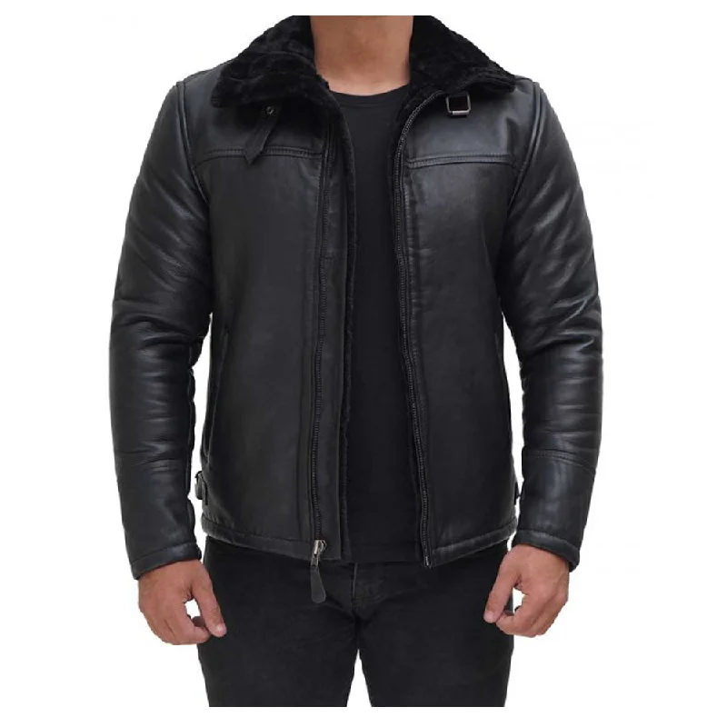 puffer jackets for men -Men Black Shearling Bomber Leather Jacket