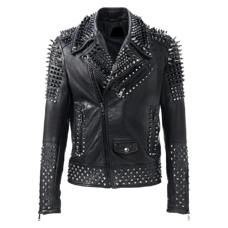 trendy jackets for men -Men Black Silver Studded Brando Biker Jacket