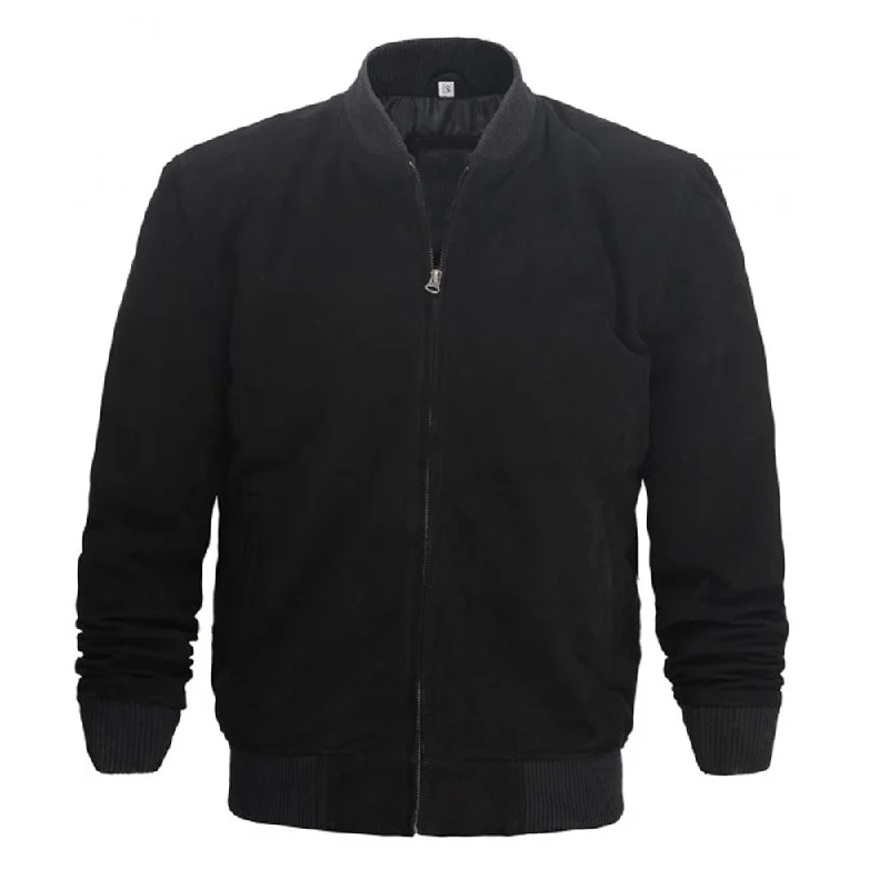 men's leather jackets -Men Black Suede Bomber Leather Jacket