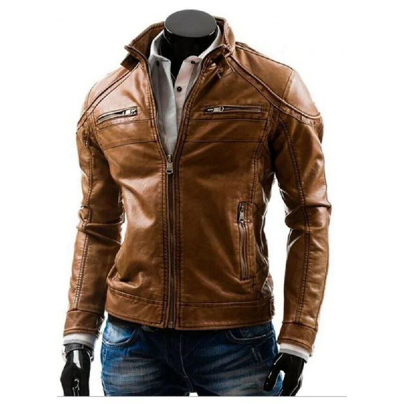 men's biker jackets -Men Brown Leather Fashionable Biker Men Fashion Jacket