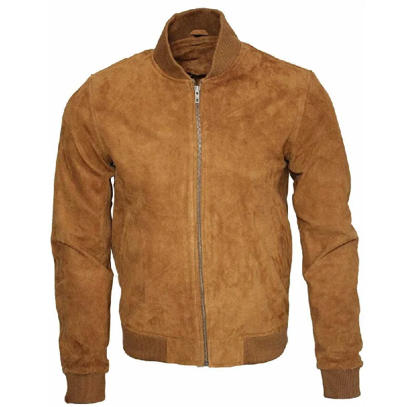 men's stylish puffer jackets -Men Brown Western Bomber Suede Leather Jacket