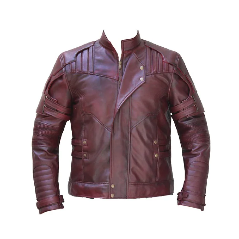 men's formal jackets -Men Burgundy Lapel Strips Military Leather Jacket