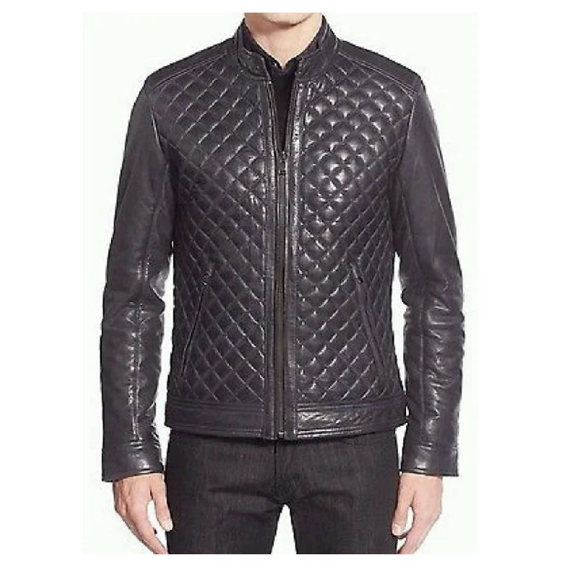 men's casual leather jackets -Men Cafe Racer Diamond Bomber Leather Jacket