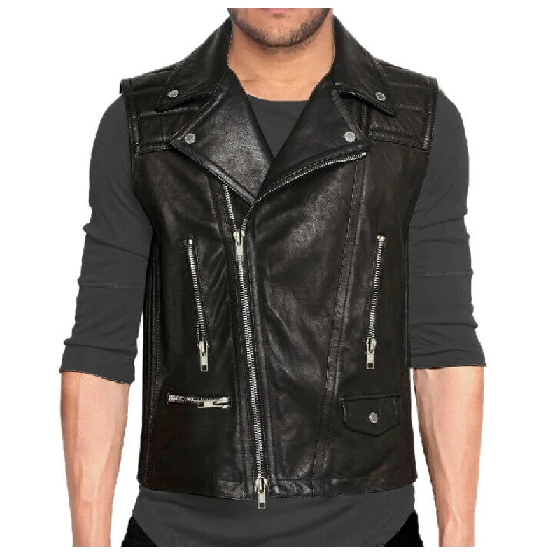 men's double-breasted jackets -Men Classic Biker Leather Waistcoat