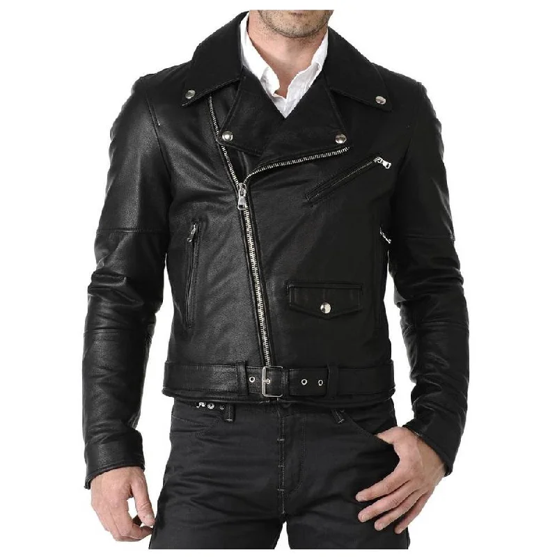 men's insulated rain jackets -Men Classic Motorcycle Leather Jacket Black Belt