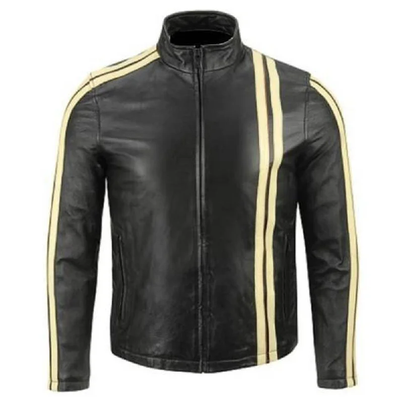 men's stylish puffer jackets -Slim Fit Yellow Stripes Leather Jacket