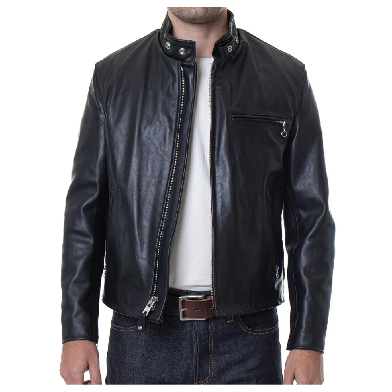 men's padded jackets -Men Classic Cafe Racer Leather Jacket Plain