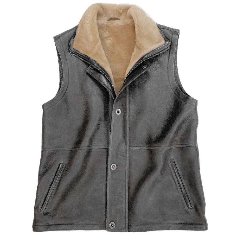 men's slim-fit sleeveless vests -Men Cowboy Shearling Leather Vest Sheepskin Fur Waistcoat