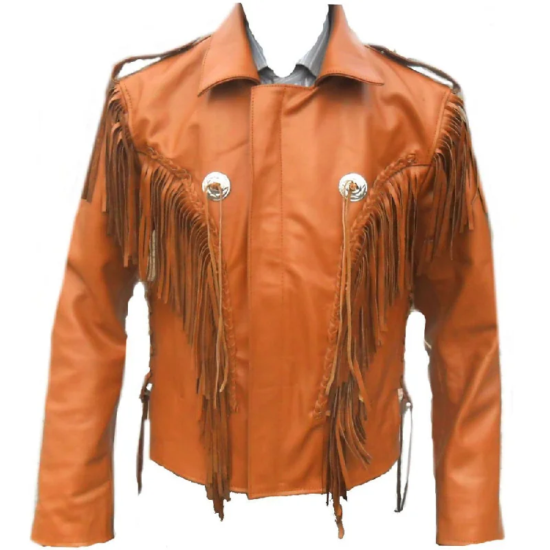 men's military jackets with zippers -Men Cowboy Western Fringes Leather Jacket