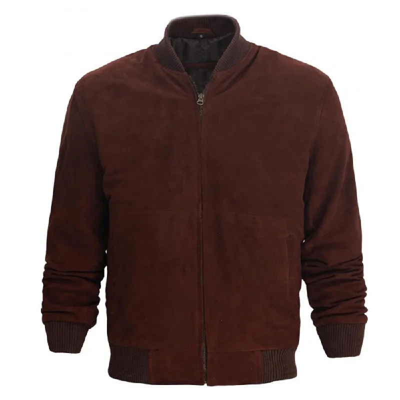 men's wool-blend trench coats -Men Dark Burgundy Suede Leather Bomber Jacket