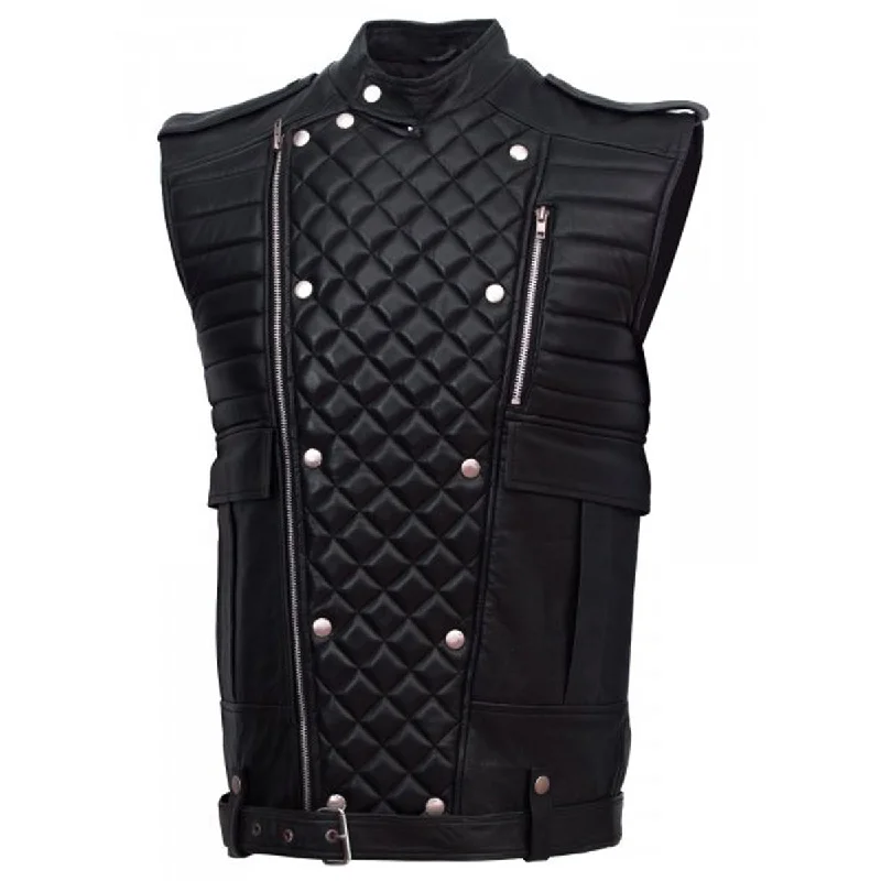 men's quilted waistcoats -Men Double Brest Genuine Fashion Leather Vest