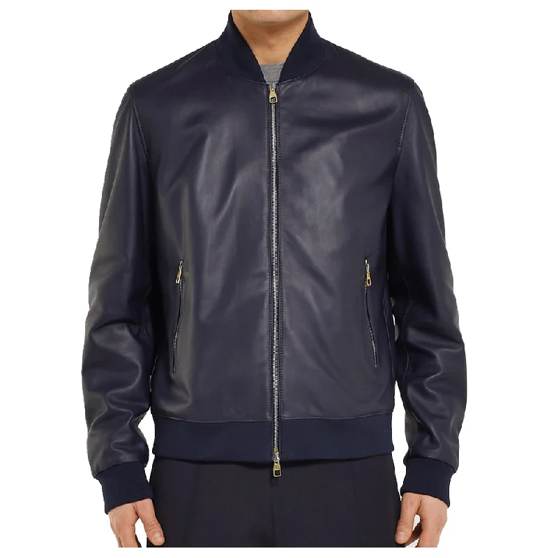 men's field jackets -Men Elegant Bomber Fashion Blue Leather Jacket