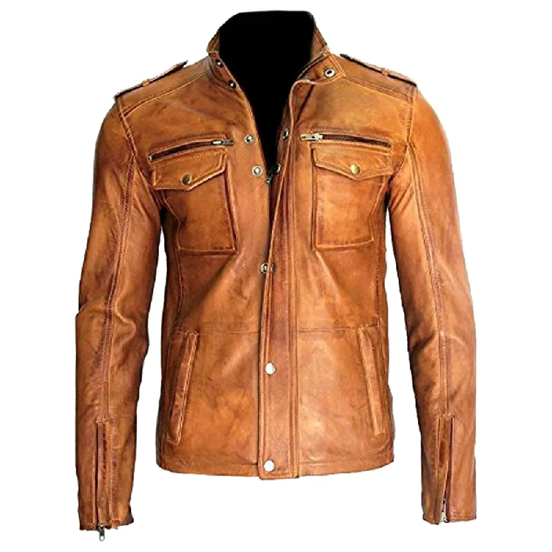 men's wool coat jackets -Men Fashion Real Lambskin Tan Leather Waxed Moto Jacket