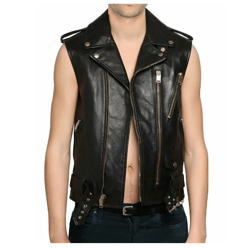 men's casual waistcoats -Men Genuine Lambskin Leather Motorcycle Club Vest