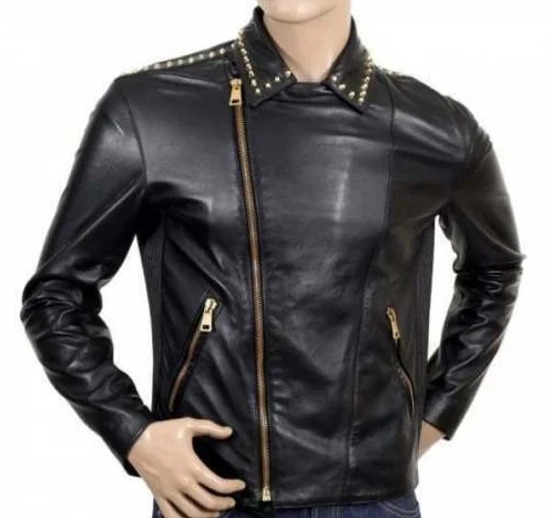 men's stylish jackets with zippers -Men Golden Studded Zipper Fashion Leather Jacket