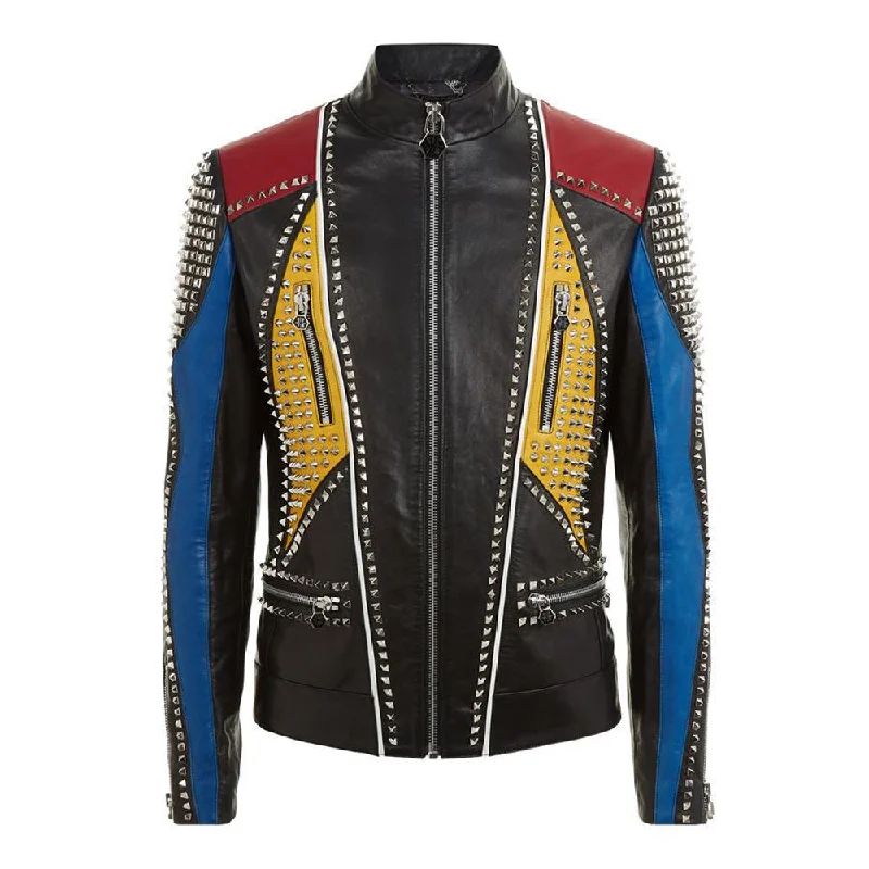 men's sporty jackets for running -Men Handmade Multi color Philipp Full Studded Leather Jacket