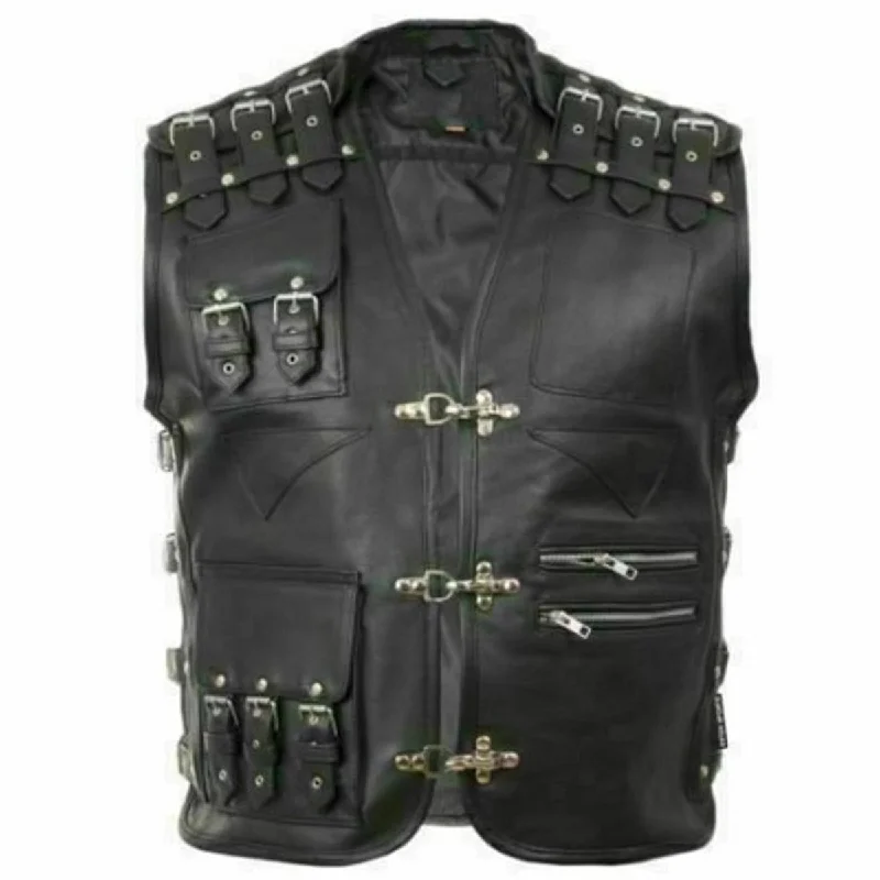 slim-fit waistcoats for men -Mens Genuine Leather Heavy Buckled Rocker Biker Vest