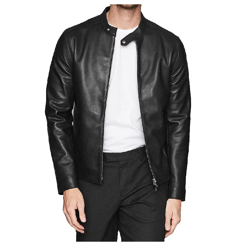 men's hooded bomber jackets -Men Leather Cafe Racer Jacket