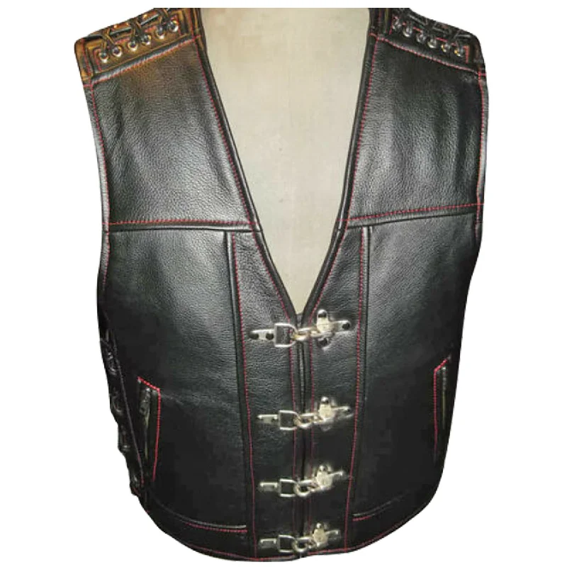 men's long waistcoats -Men Motorcycle Leather Vest For Sale Red Thread