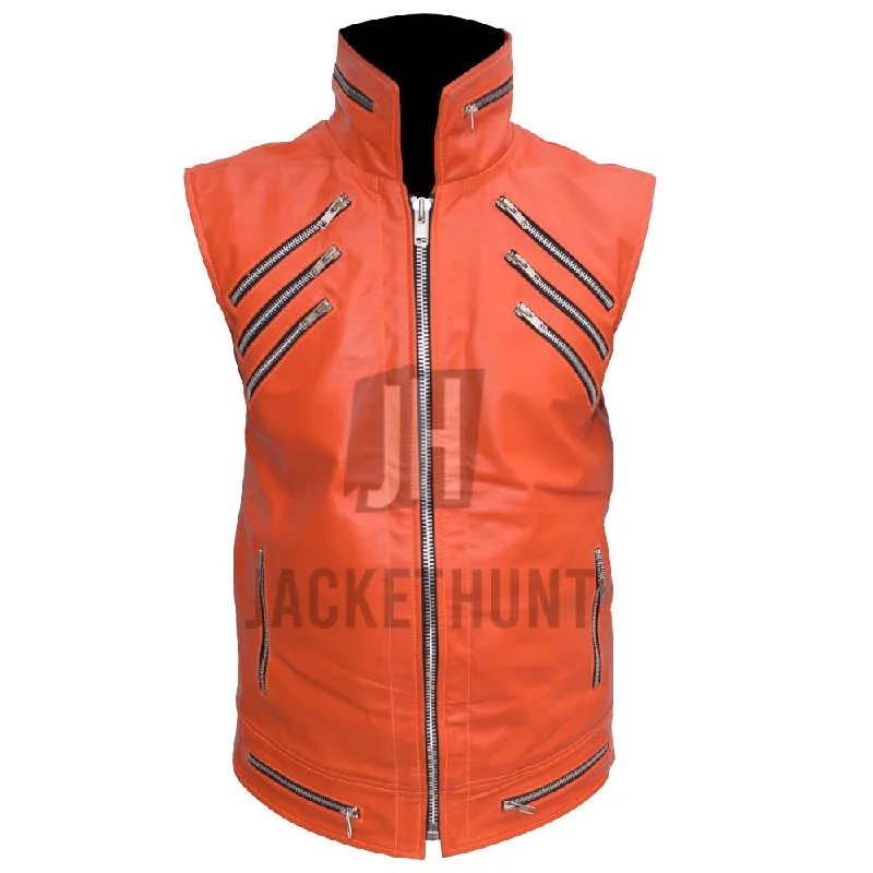 tailored waistcoats for formal occasions -Rebel Punk Rockstar Zipper Orange Leather Vest