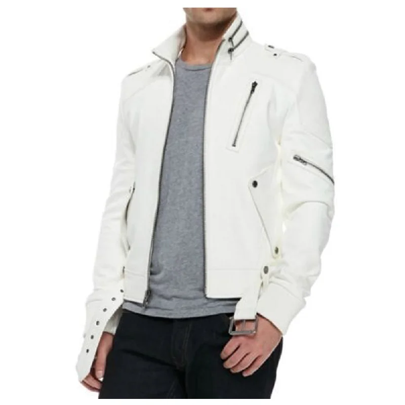 men's shearling jackets -White Moto Biker Leather Jacket