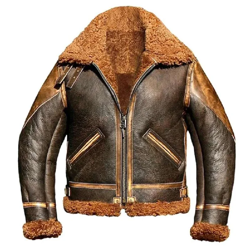 men's parkas for winter -Men RAF Aviator B3 Shearling Bomber Leather Jacket