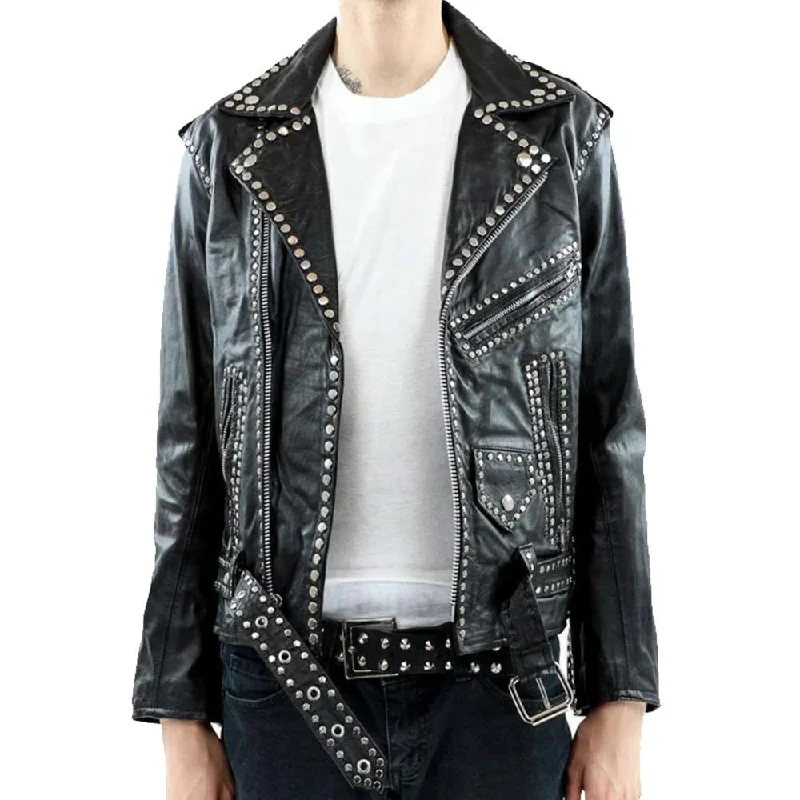 men's parka jackets for winter -Men Studded Black Leather Party Jacket