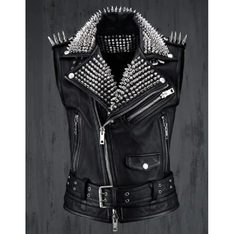 men's vest for evening wear -Men Silver Studded Leather Vest Party Wear Winter Summer