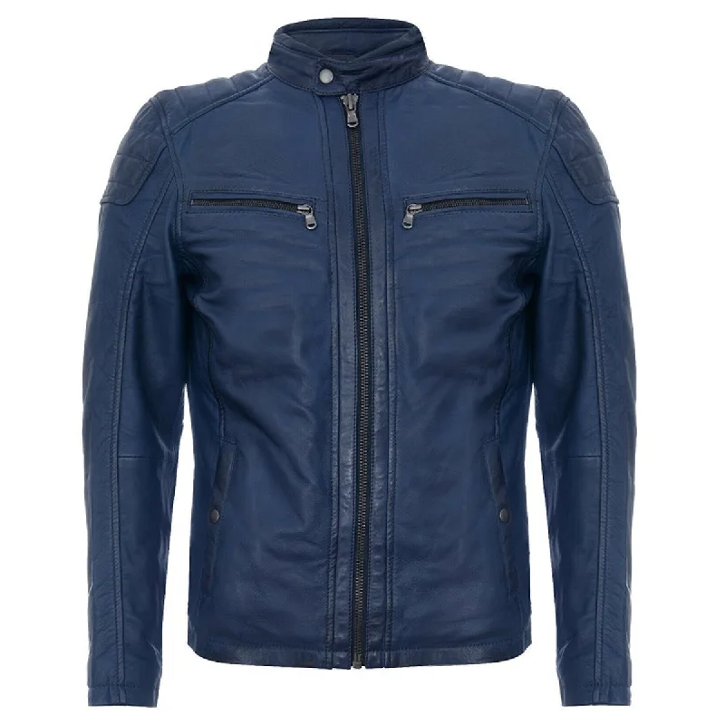 men's technical jackets -Men Soft Blue Leather Motorcycle Jacket