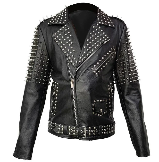 men's fleece-lined zip-up jackets -Men's Spike Studded Punk Leather Jacket