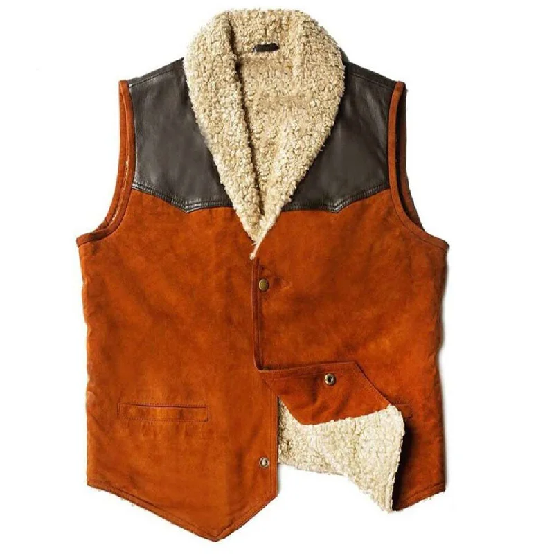 men's casual vest jackets -Men Suede Leather Shearling Motorcycle Vest