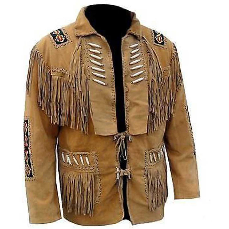 men's performance jackets for cold weather -Men Tan Brown Western Cowboy Fringe Leather Jacket