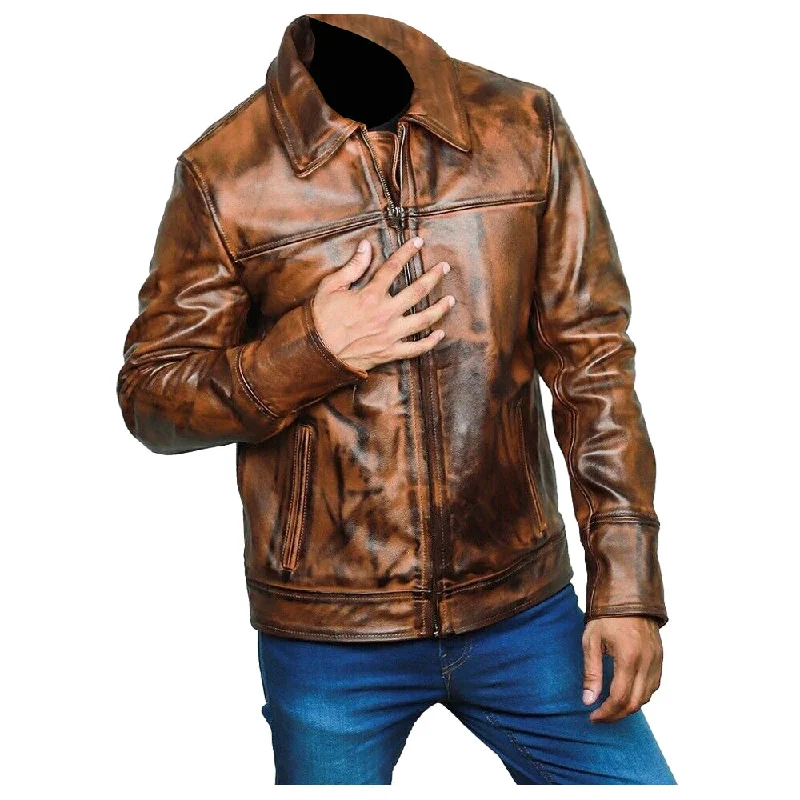 men's velvet jackets -Men Vintage Biker Vax Genuine Leather Jacket