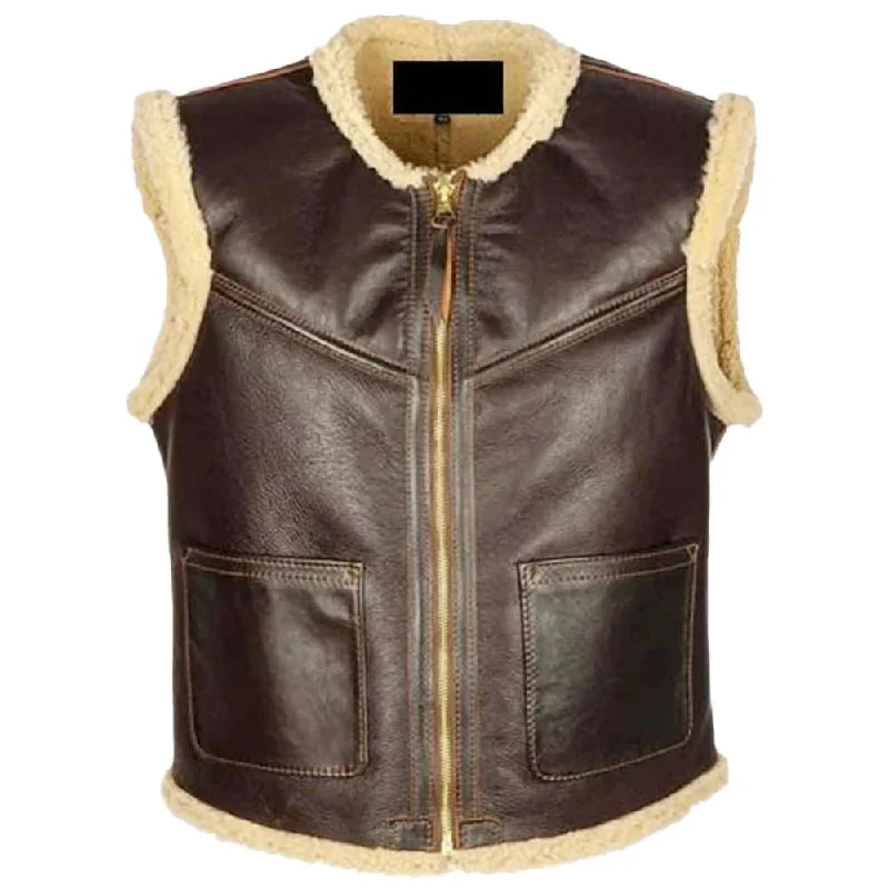 men's premium vests -Men Vintage Motorcycle Bomber Shearling Leather Vest