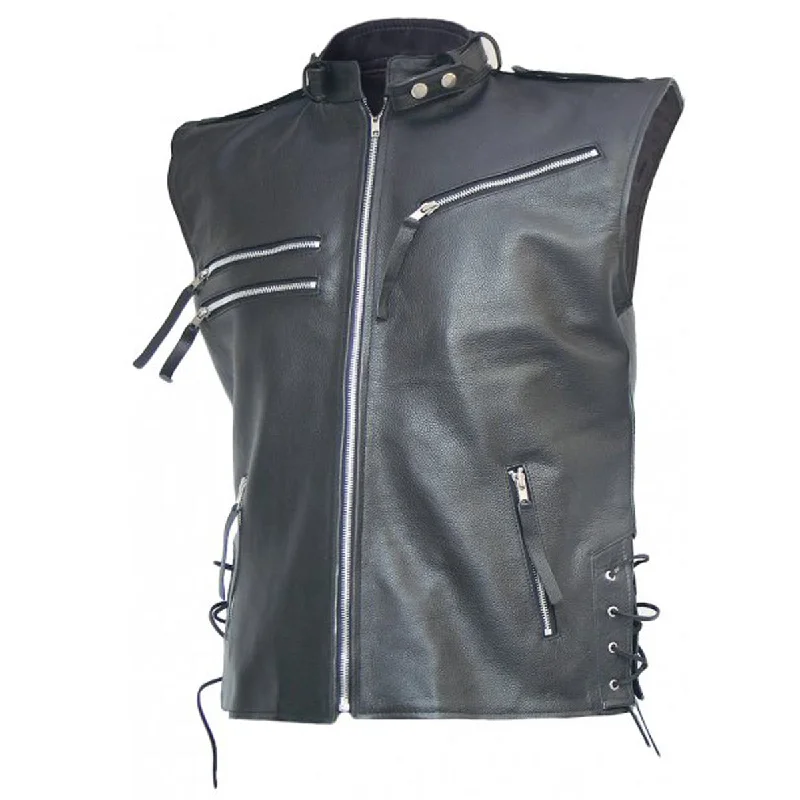 casual outdoor vests for men -Men Vintage Motorcycle Rider Leather Zipper Vest